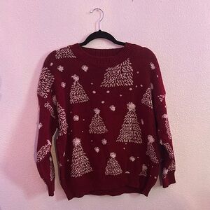 Red and White Crew Neck Sweater with Winter Pattern
